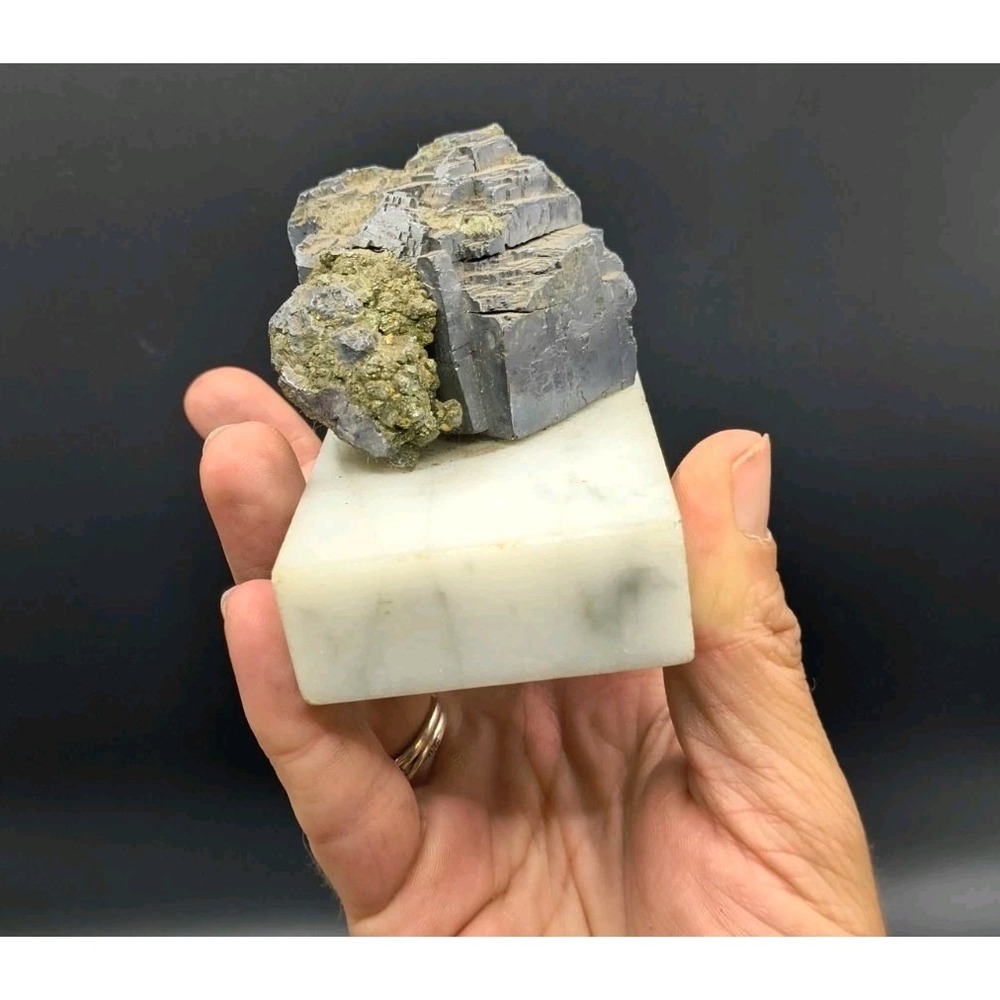Vintage 1960s Galena & Pyrite Mineral Specimen on Italian Marble Base - 3" x 2", - Picture 1 of 8